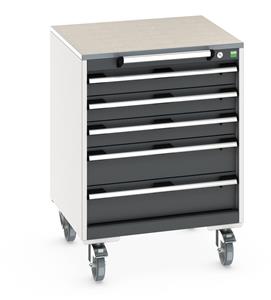 cubio mobile cabinet with 5 drawers & lino worktop. WxDxH: 650x650x790mm. RAL 7035/5010 or selected Bott Mobile Storage 650mm x 650mm Industrial Tool Trolleys